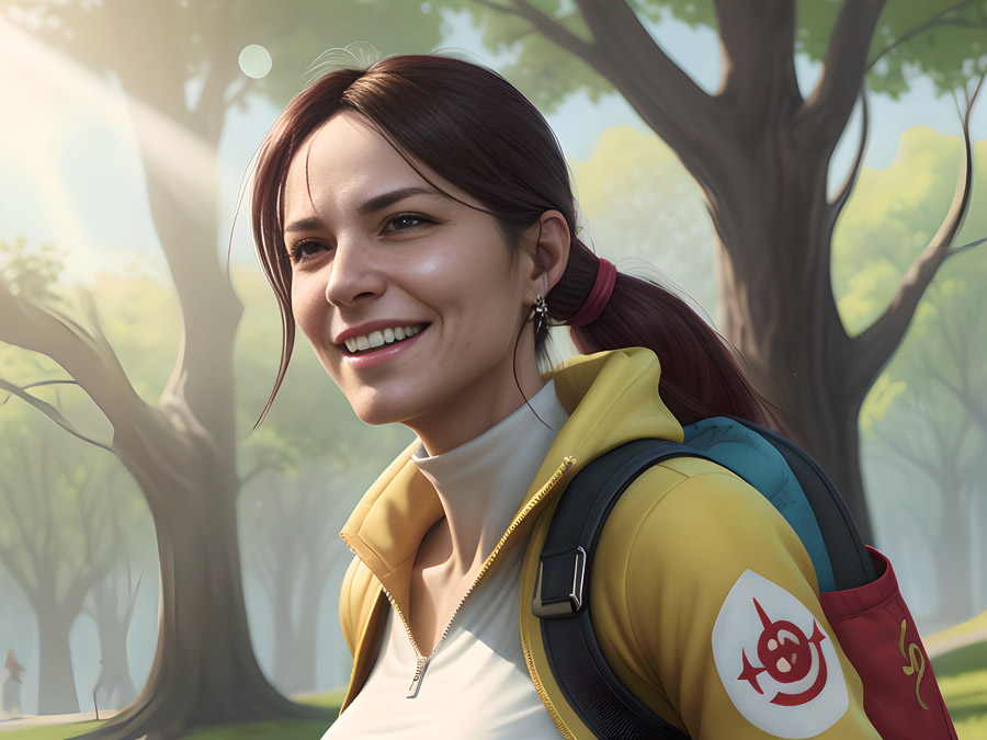 A joyful female hiker with a backpack, delightfully exploring lush woodland scenery.