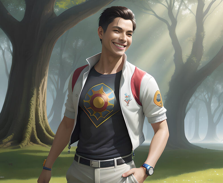A man donned in a crisp white shirt mesmerized by the serene beauty of an enchanting forest.