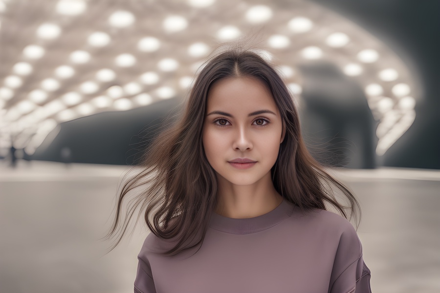 A woman with long hair stands in front of a light in a minimalist style.