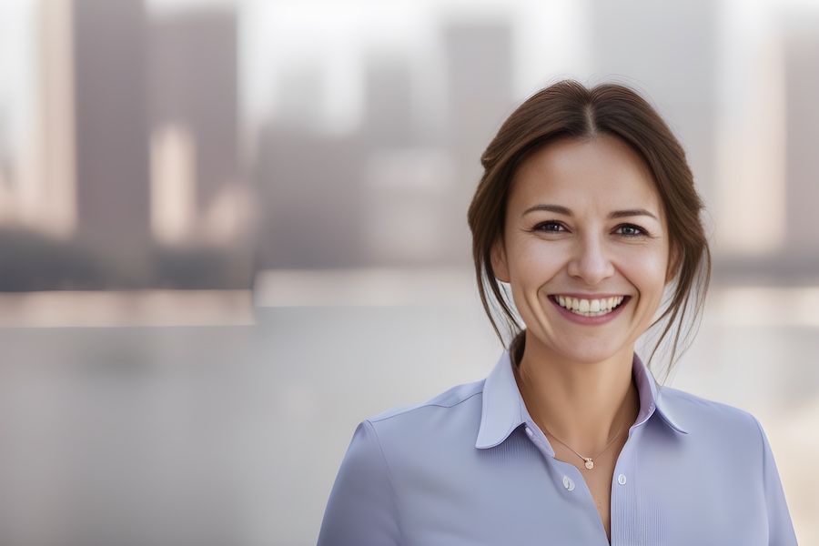 A minimalist-style business woman smiling in front of a city.