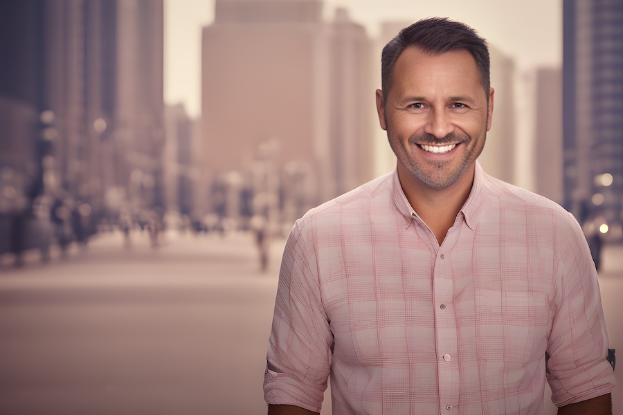 A man in a pink shirt is smiling in front of a minimalist city.