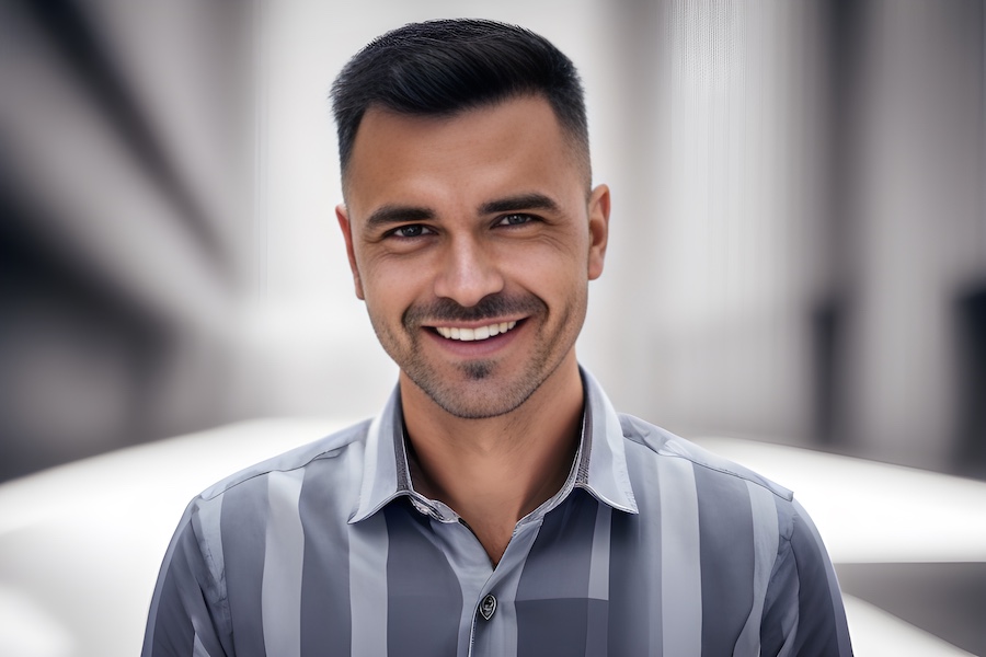 A minimalist man in a striped shirt.