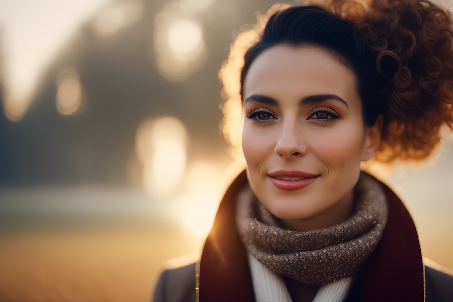 A woman with curly hair and a scarf posing in front of a scenic field.