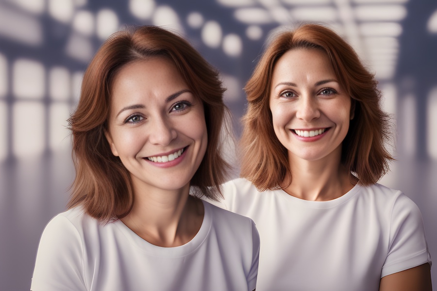 Two women are smiling in front of a minimalist style background.