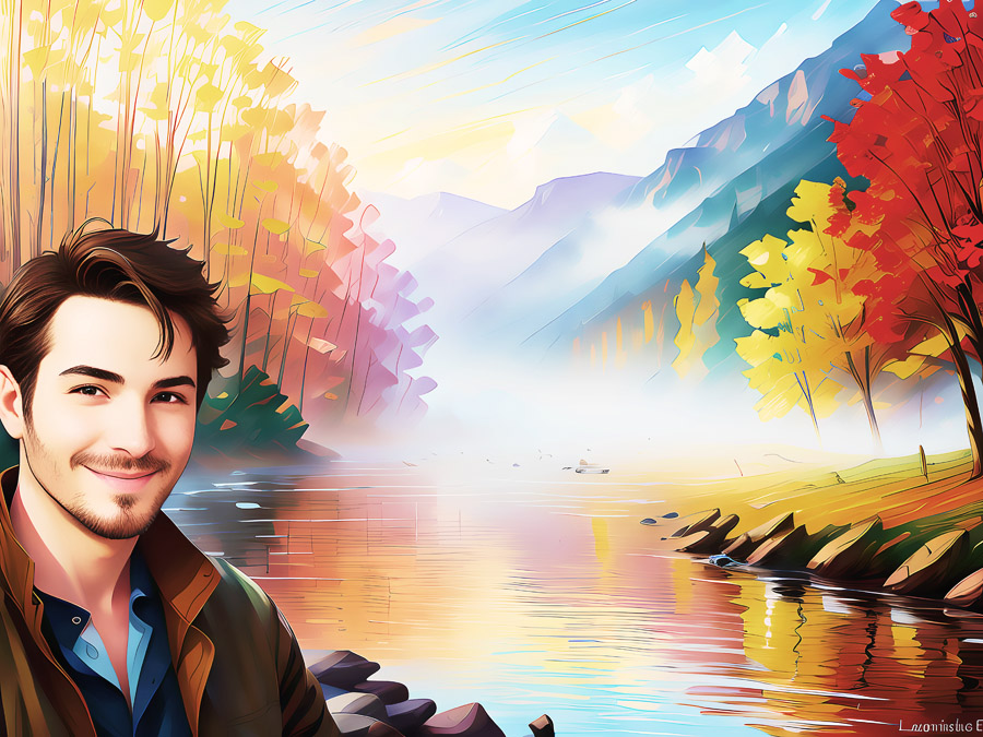 "Exquisite oil painting featuring a tranquil scene of a contemplative man near a serene river, perfectly capturing the harmony between human and nature"