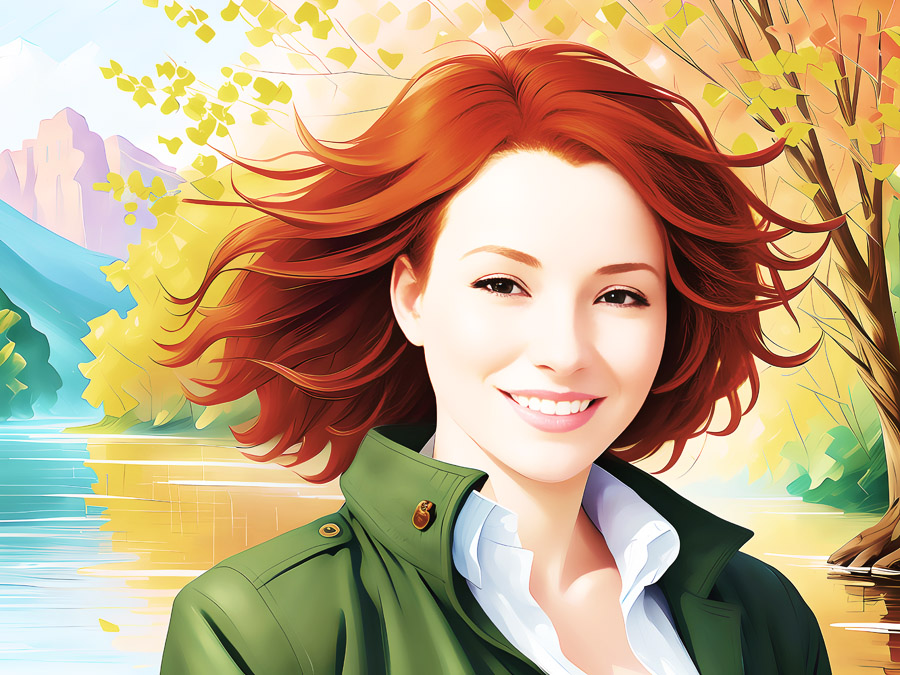 Joyful woman in vibrant green jacket radiating happiness by a serene riverbank.
