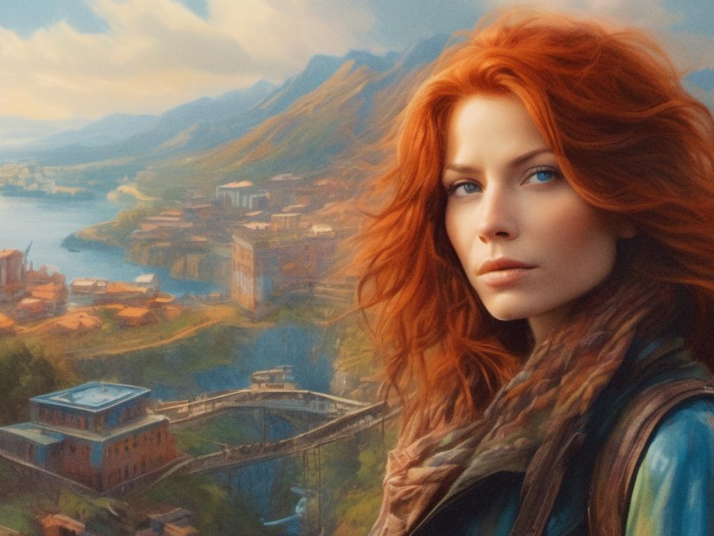A fashionable figure with long, wavy red hair gazes thoughtfully at a stunning mountain-scape. Sporting a vibrant scarf and trendy jacket.