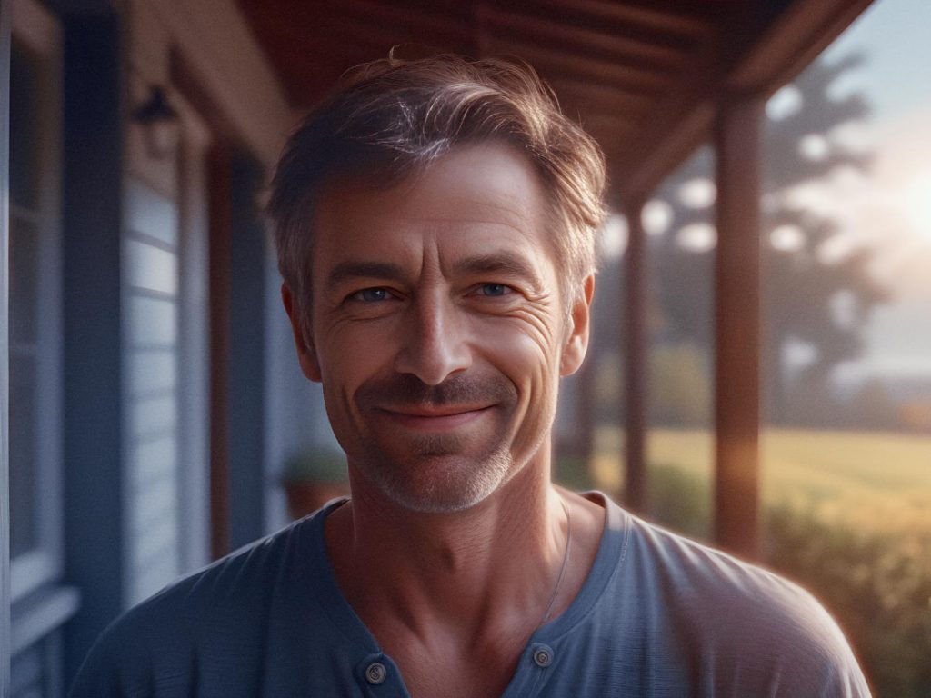 A middle-aged man with gray hair and light stubble, in a stylish blue shirt, smiles warmly on his porch. A serene backdrop of greenery and sunlight adds a calming touch.
