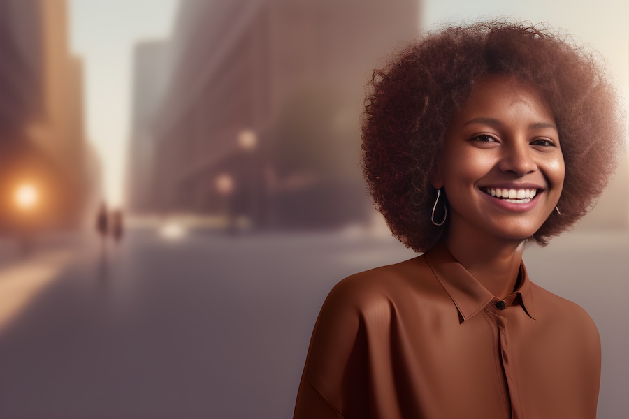 Young, African American, smiling, city.