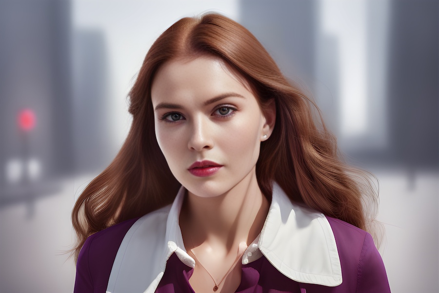 woman, purple suit.