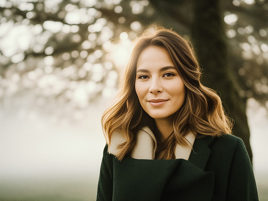 Stylish woman in chic dark coat radiantly smiles, elegantly framed by enchanting backlit trees.