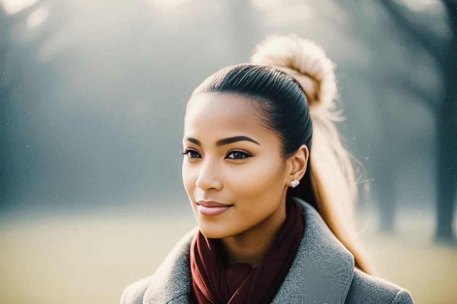 Stylish woman with tousled bun and chic scarf flashes a radiant smile, exuding charm amidst the foggy backdrop.