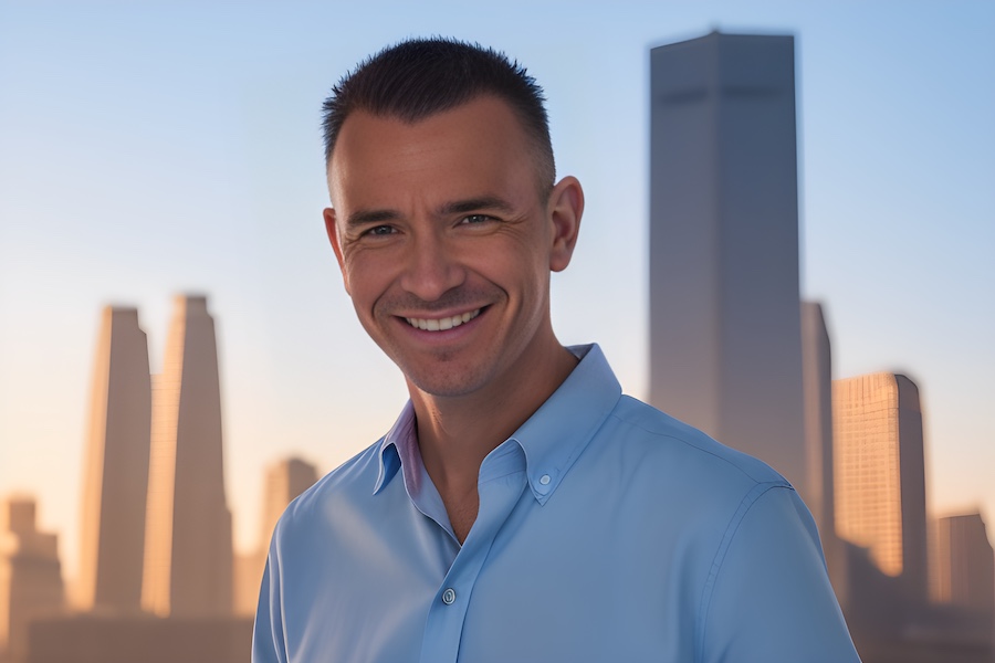 Smiling man, city skyline.