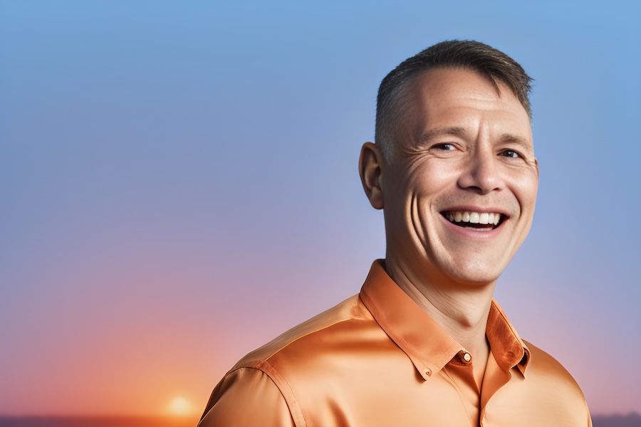 man, orange shirt, smiling