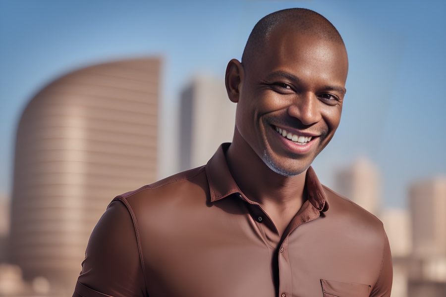 man, brown shirt, smiling, city.
