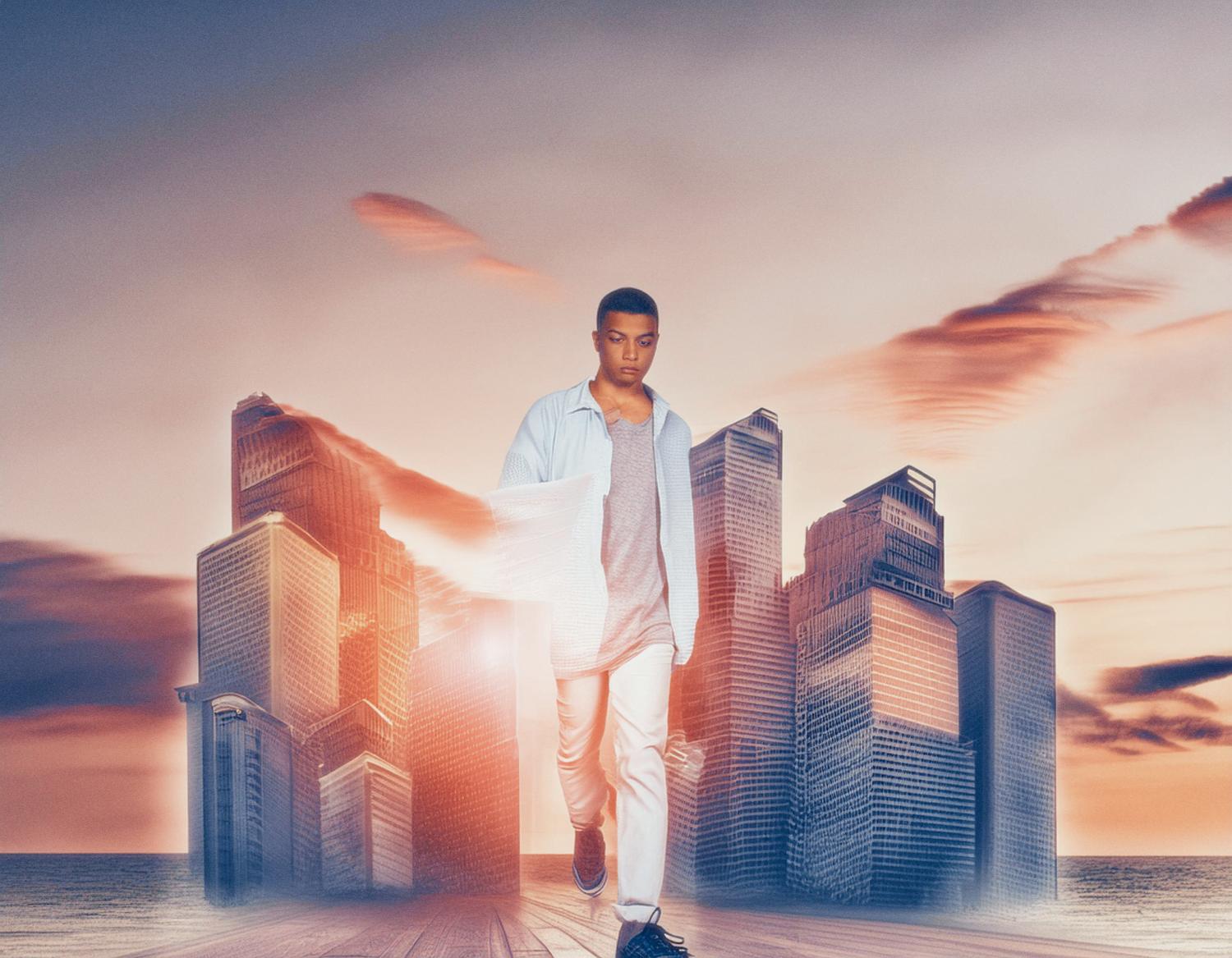 A man in effortless casual style walks through a surreal cityscape at sunset, an Osprey Pack slung over his shoulder adding adventure-ready charm.