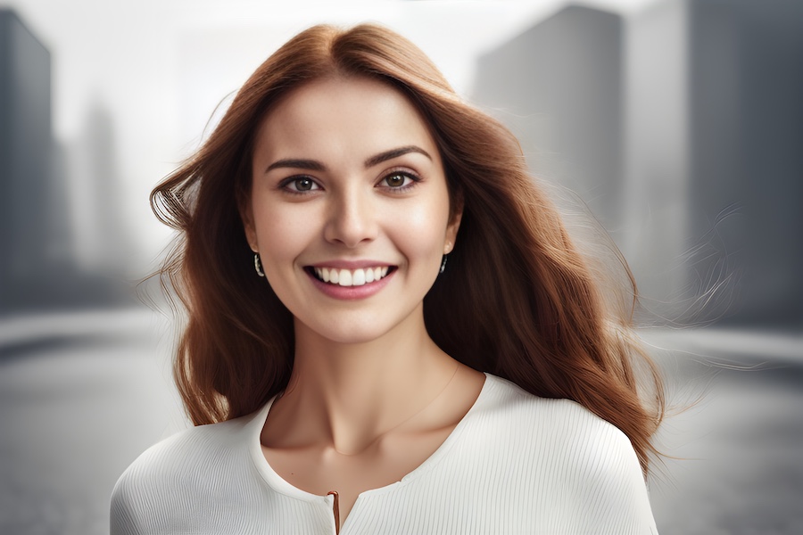 Smiling woman, city backdrop.