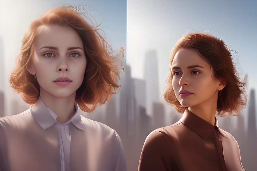 Portraits, woman with red hair, city.