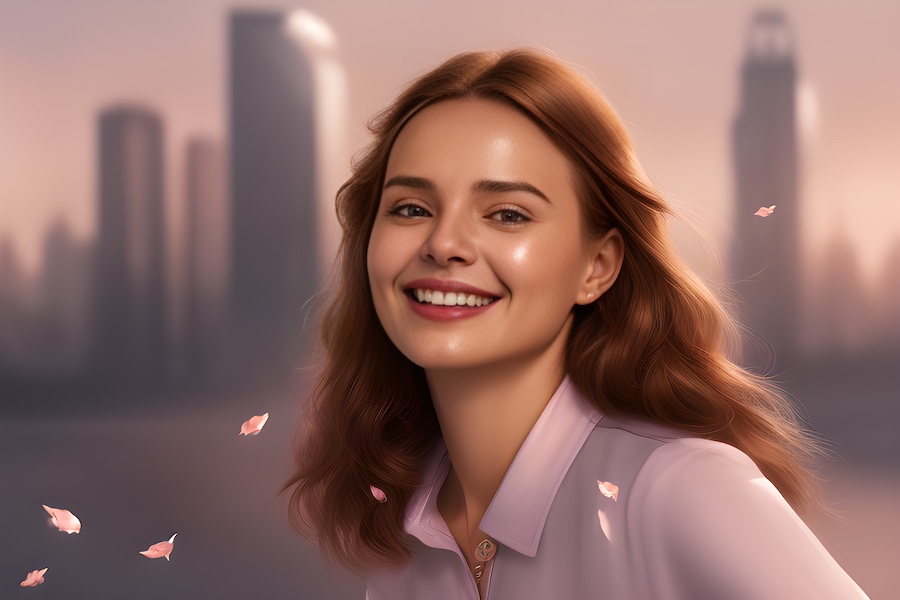 Smiling woman, city.