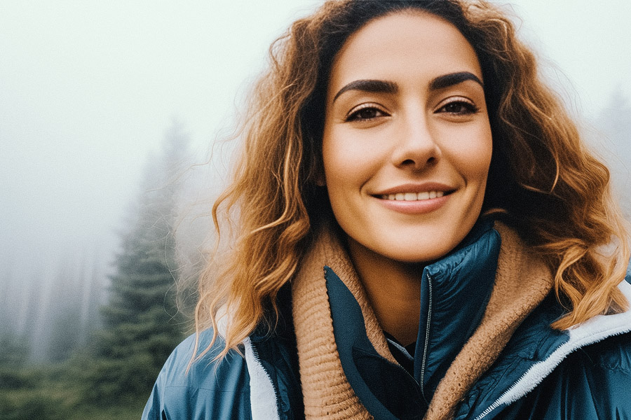 Stylish woman smiling, showcasing her chic messenger bag amidst a misty forest backdrop.