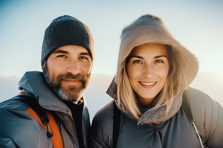 A bearded man and a woman in a hood smile at the camera, exuding cozy outdoor chic. The man sports a stylish men's shoulder bag. Mountainous backdrop hints at cold weather, likely during golden hour.