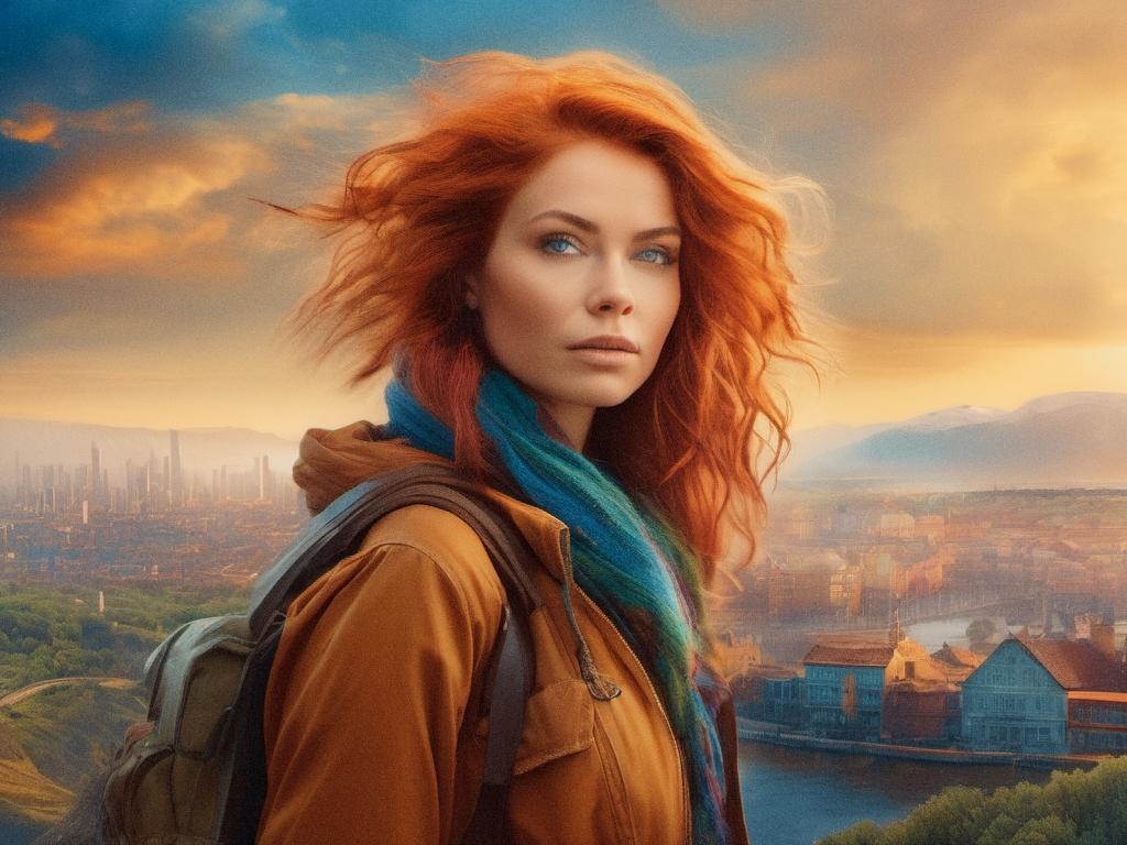 A woman with flowing red curls dons a stylish brown jacket and vibrant scarf while sporting a JanSport Right Pack. She gazes at a scenic landscape blending cityscape, mountains, and a vivid sunset sky. Fashion meets adventure in this breathtaking outdoor setting.