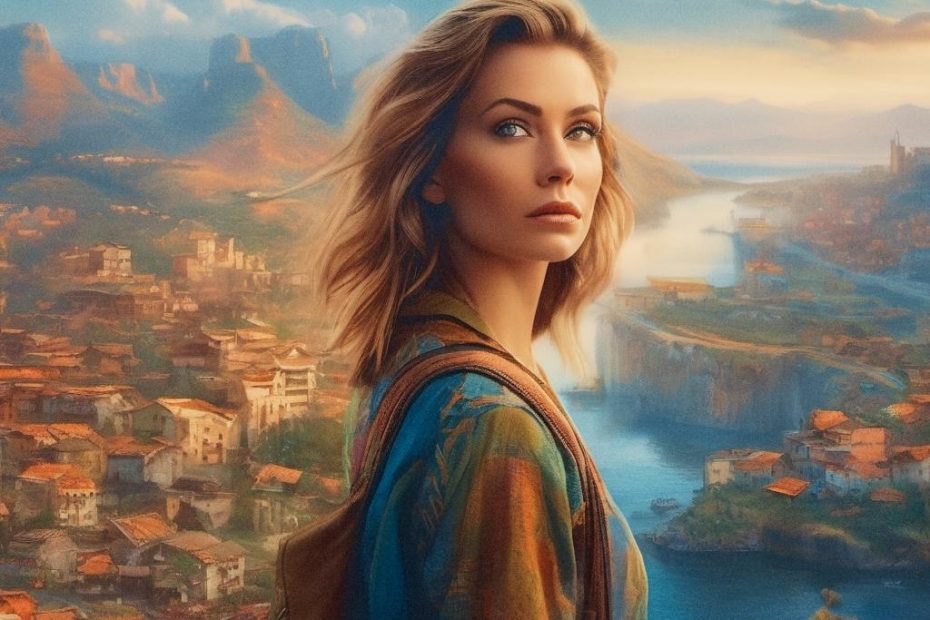 A serene blonde woman, showcasing her chic JanSport Right Pack, gazes over a picturesque village of terracotta rooftops and a lush, glowing valley.