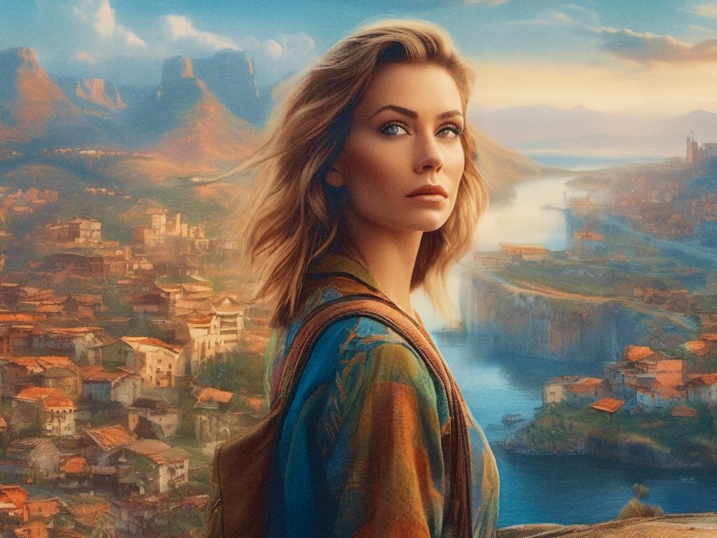 A serene blonde woman, showcasing her chic JanSport Right Pack, gazes over a picturesque village of terracotta rooftops and a lush, glowing valley.
