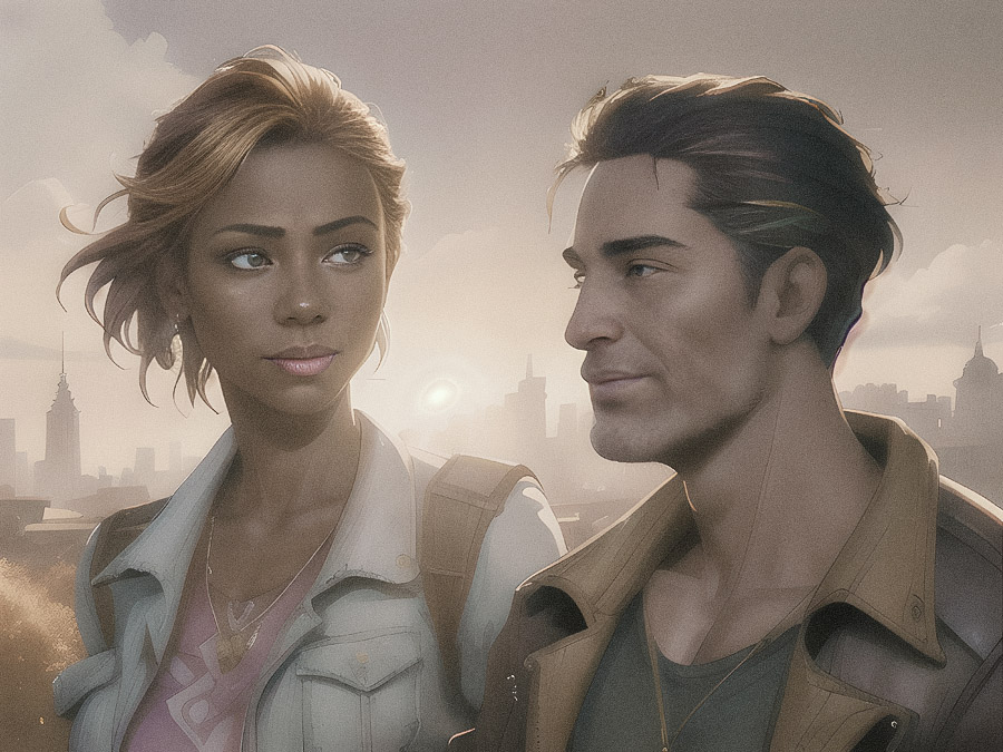 A stylish woman in a chic light jacket and a man in a dark, sleek coat share an intimate gaze against a sunset-lit cityscape backdrop.