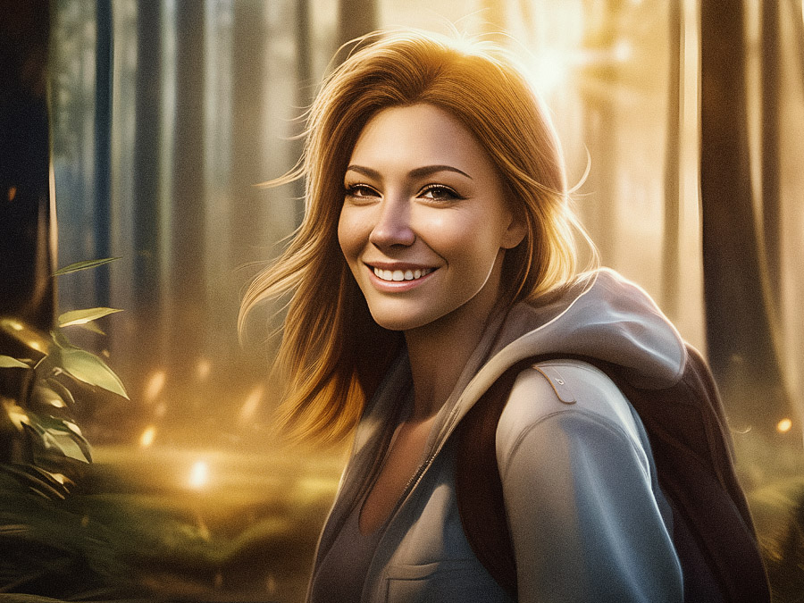A stylish woman with shoulder-length blonde hair and a warm smile stands in a sunlit forest, donning a chic light jacket and trendy backpack. Golden light filters through tall trees, creating a tranquil, picturesque scene.