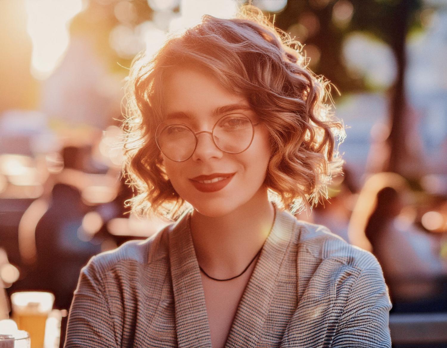 A woman with stylish glasses and curly hair beams under warm sunlight in her gray blazer and delicate necklace. Effortlessly chic outdoors, a soft-focus backdrop of people and trees frames her inspiring presence.