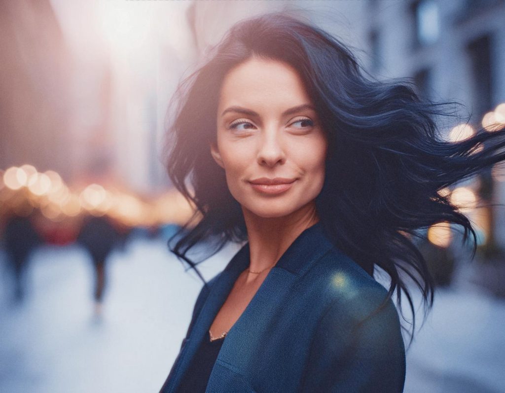 A stylish woman with long, flowing dark hair and a slight smile wears a sleek dark jacket. She stands on a city street bathed in warm, inspiring lights.