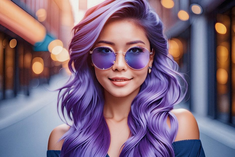 A fashionable figure in the urban streets radiates confidence with long, wavy purple hair, matching sunglasses, and a chic off-shoulder top. The perfect blend of edgy and trendy amidst blurred city lights.