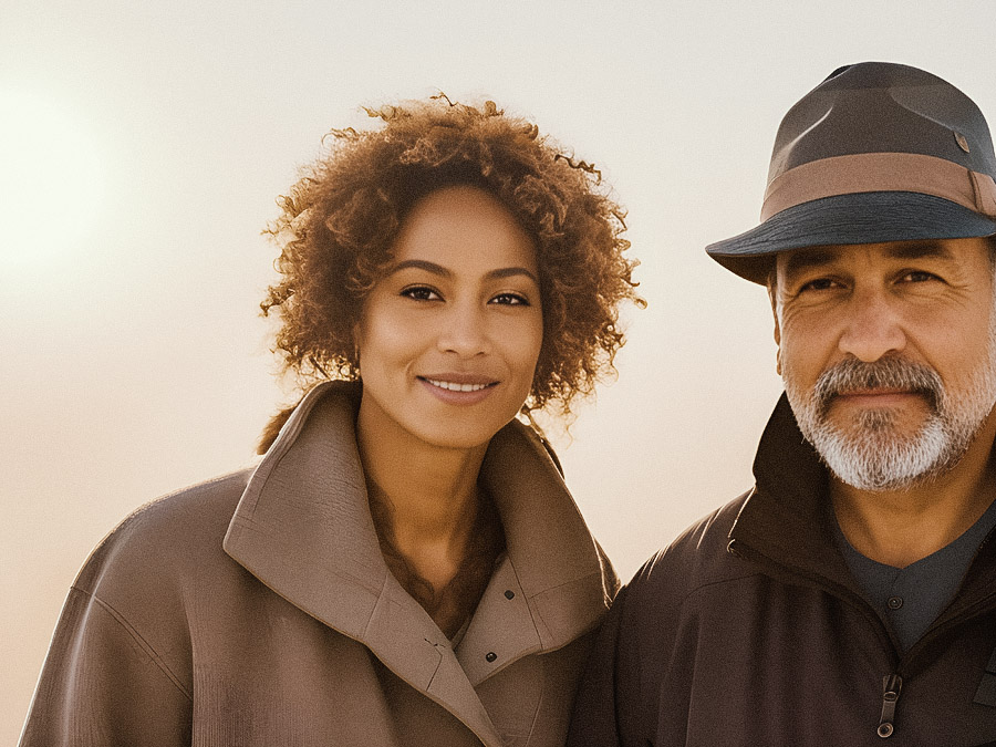 A stylish duo—she with curly hair and a radiant smile, he with a dapper hat and beard—stand in the golden hour light. His Italian leather briefcase adds timeless elegance to their warm, layered outfits.