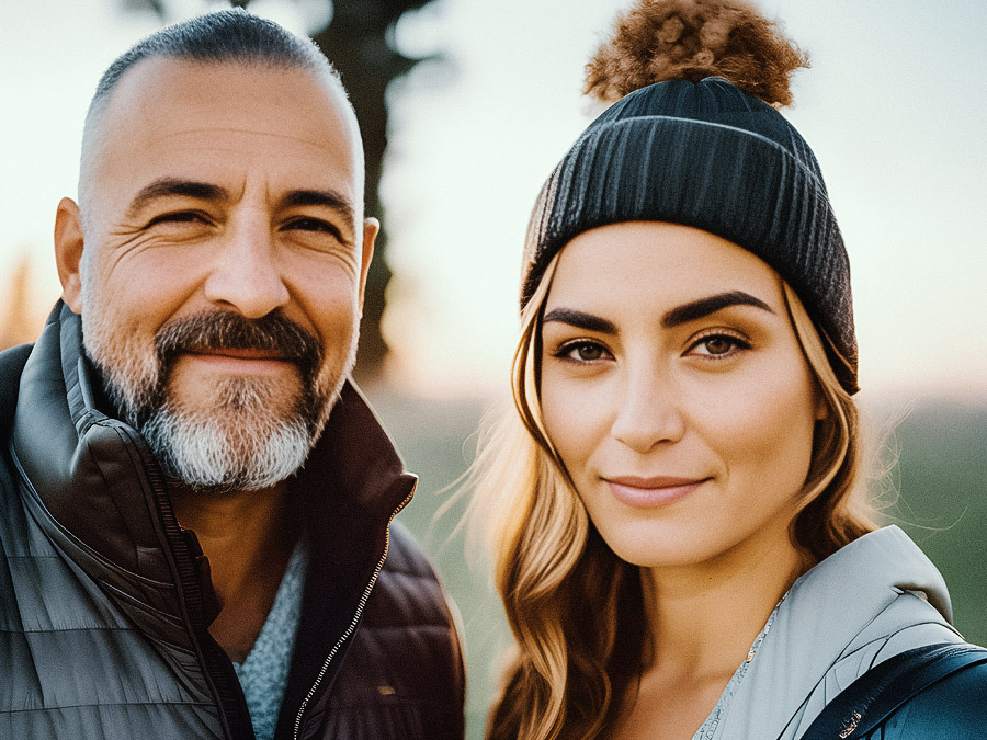 A bearded man in a puffy jacket holds chic touchscreen Italian leather gloves, standing beside a wavy-haired woman in a stylish beanie and jacket. Both smile softly against a sunrise/sunset backdrop.