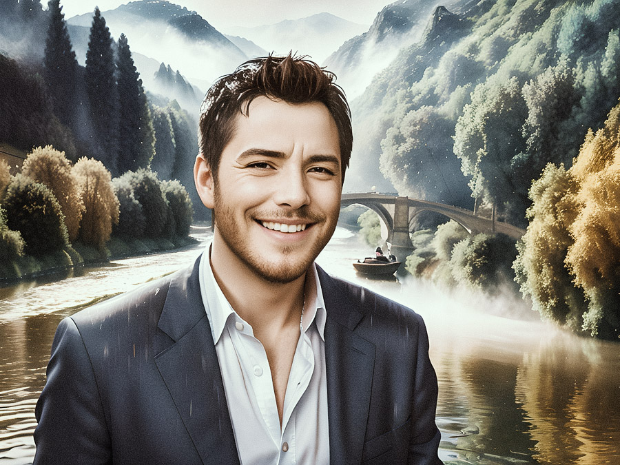 A bearded man with short hair beams by a serene river, lush hills, and a stone bridge. Wearing chic Italian leather gloves, he enjoys the view of a sailing boat under a misty, sunlit sky.