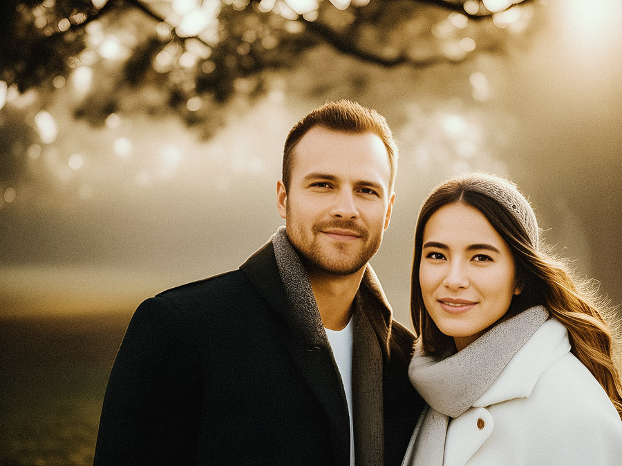 A beaming couple in cozy coats and scarves stands together in a foggy, sunlit park. His dark coat contrasts with an Italian leather briefcase; her light coat glows in the golden light, radiating chic autumn style.
