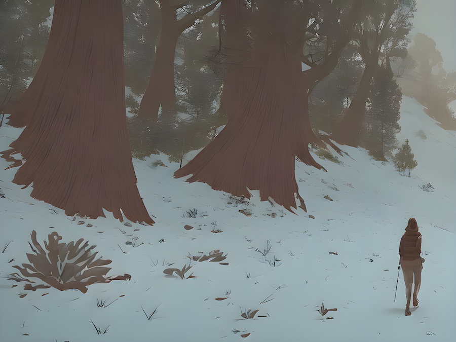 Illustration, woman, snowy forest.