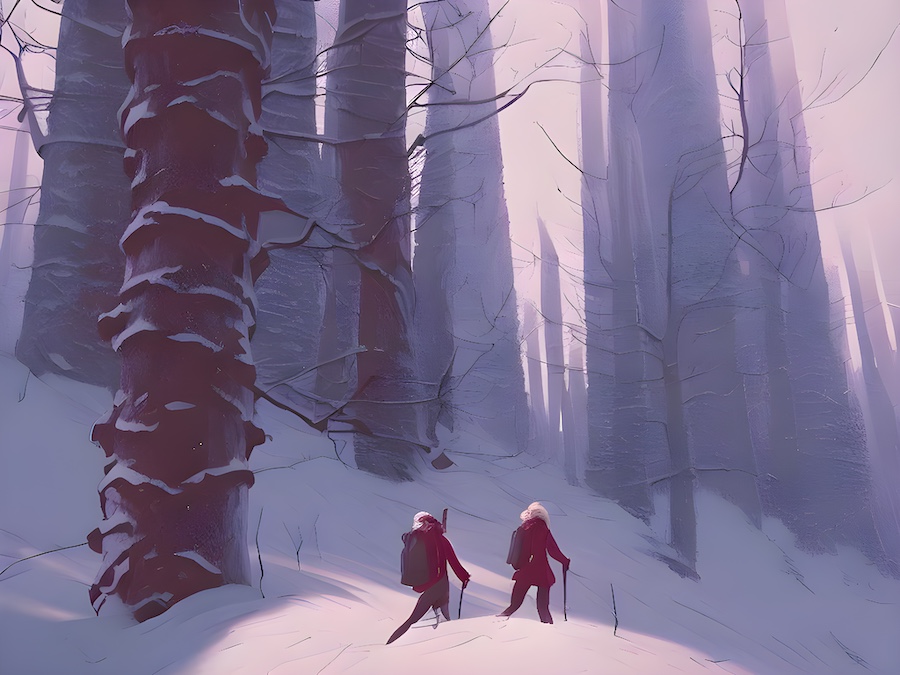 Two individuals strolling in a snow-covered woods.
