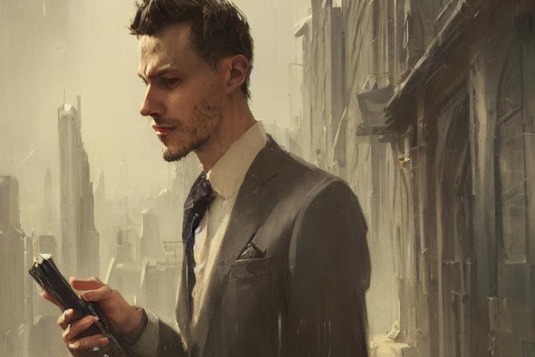 Armed man in formal attire brandishes firearm.
