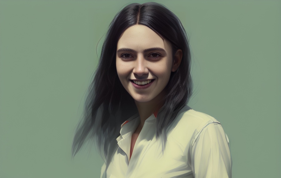 A portrait of a woman with long black hair wearing a leather wrist watch strap.