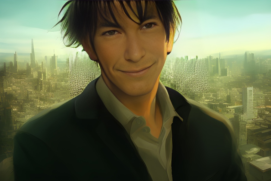 A portrait of a man in a suit wearing a leather wrist watch strap in front of a city.