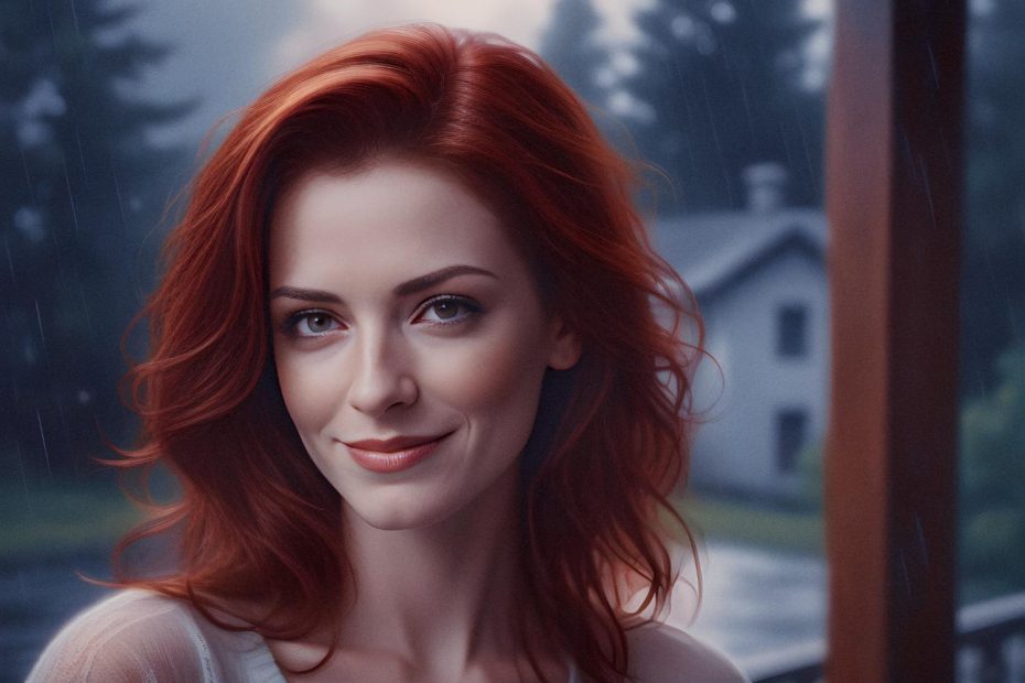 A stylish woman with shoulder-length red hair and a subtle smile stands under a porch roof, flaunting her light top and new Fossil Gen 6 Wellness Edition smartwatch amidst a backdrop of rainy greenery. #TrendyTech #FashionForward