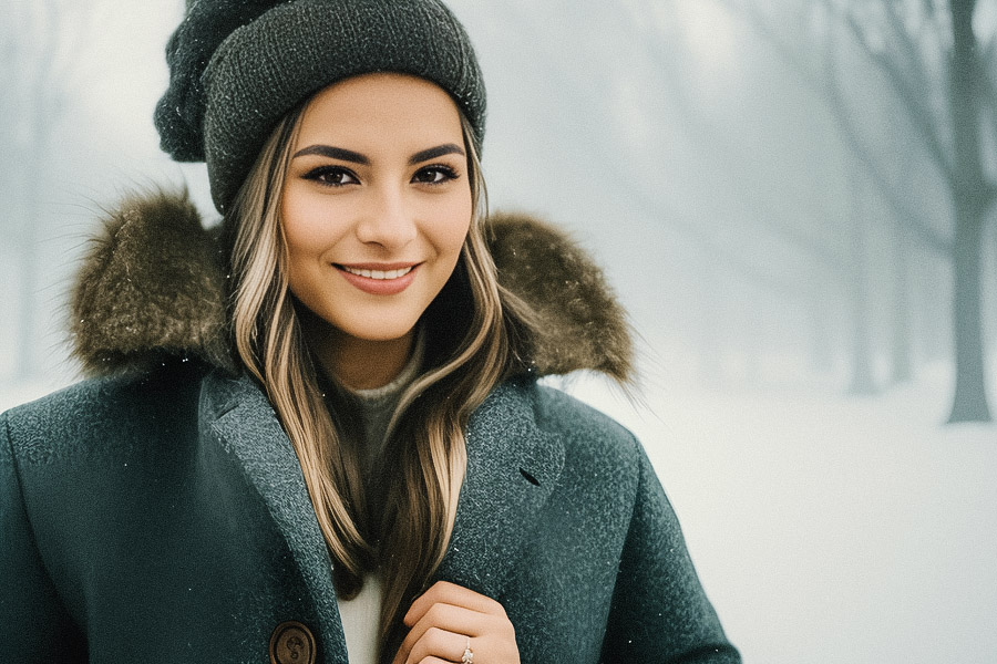 A stylish woman in a fur-trimmed dark green coat and knitted hat stands outdoors, her smile glowing against a snowy, foggy forest backdrop.
