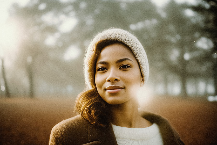 A woman in a chic beige knit hat and cozy brown sweater exudes warmth and style against a sunlit, foggy field with serene trees. #FallFashion