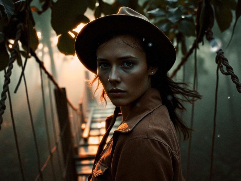A stylish explorer in a brown jacket and hat stands on a misty forest rope bridge at sunset, their serious gaze showcasing timeless adventure chic.