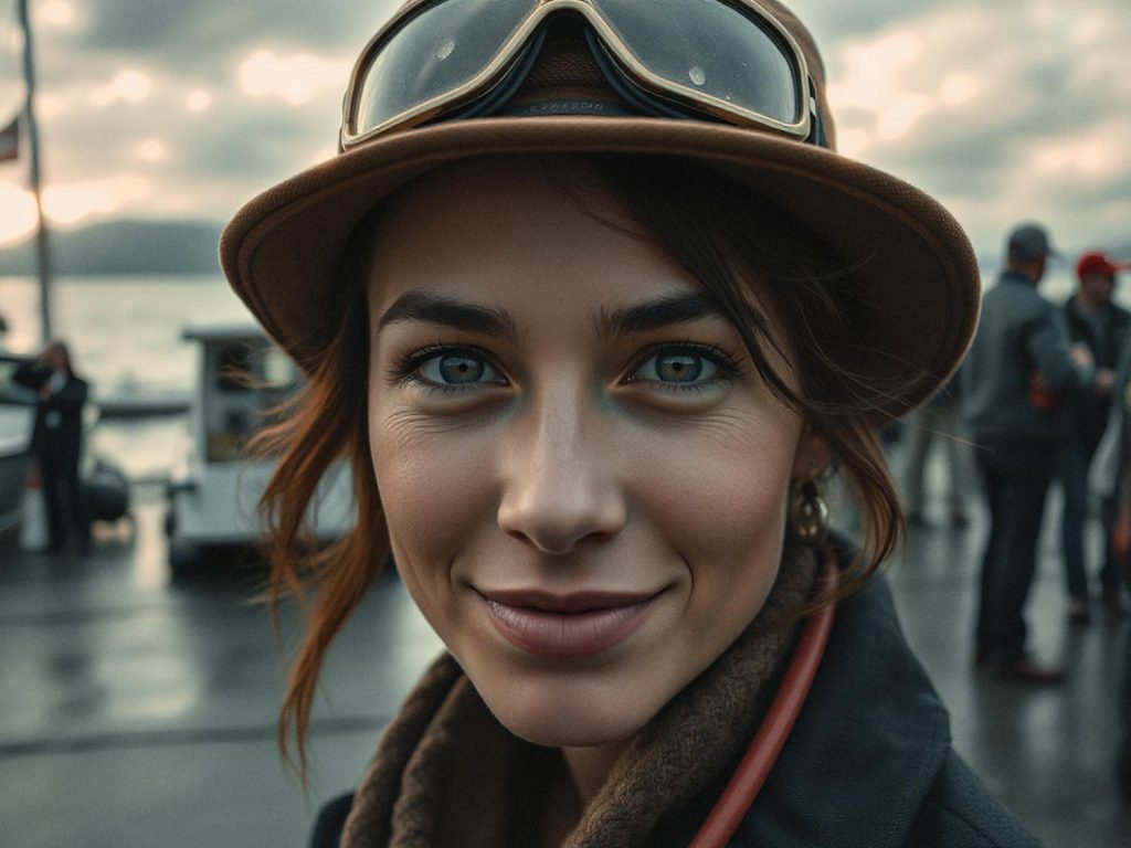 A person dons a vintage brown hat and goggles, evoking nostalgia and adventure, smiling against an overcast waterfront backdrop. Clear blue eyes sparkle with stories.
