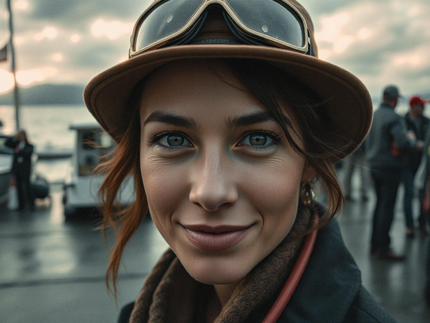 A person dons a vintage brown hat and goggles, evoking nostalgia and adventure, smiling against an overcast waterfront backdrop. Clear blue eyes sparkle with stories.