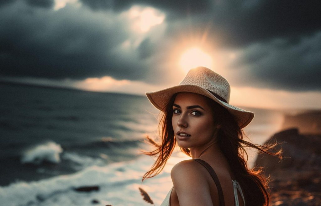 A woman in a chic straw hat and fossil accessories gazes over her shoulder at the setting sun, framed by dramatic clouds and crashing waves.