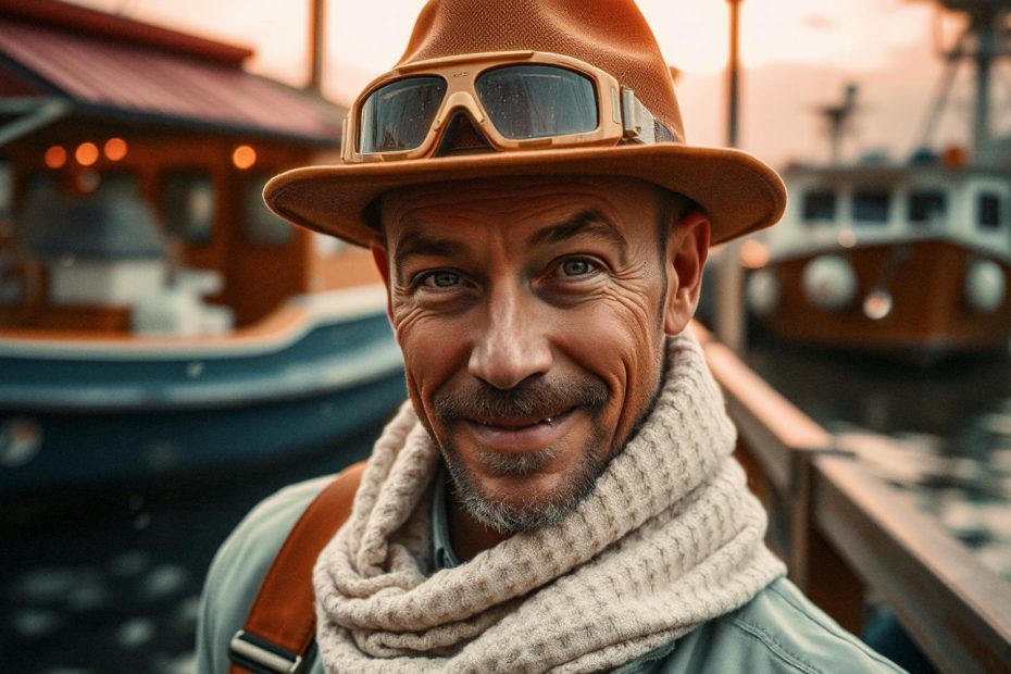 A man with a light mustache and goatee, wearing a brown hat, goggles on his forehead, a light scarf, and a brown bag strap over his shoulder—evoking vintage adventure style—smiles at the camera against a backdrop of docked boats and a sunset sky.